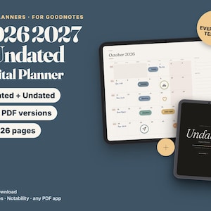 Op de afbeelding: Een digitale planner-set voor GoodNotes met gedateerde versies voor 2026 en 2027 plus een ongedateerde optie. De weergave toont 1.126 pagina's in 16 PDF-versies, met een maandkalenderoverzicht voor oktober 2026 en een donkere voorpagina.
