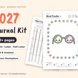Op de afbeelding: Een 2027 journal kit printbare doodle editie met 350+ pagina's in A5, A4, Letter en Half Letter formaten. De kit bevat gedateerde en ongedateerde pagina's, een gewoonte-tracker en een stemmings-tracker met een illustratie van een bril.