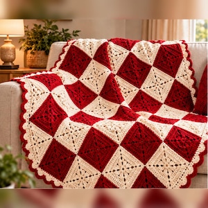 Christmas Crochet Blanket Pattern PDF | Snowflake Granny Square Afghan | Crimson Ivory Patchwork Throw | Lace Motifs & Scalloped Border