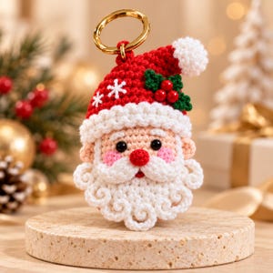 Può includere: Un portachiavi all'uncinetto a forma di Babbo Natale con un cappello rosso bordato di bianco, un pon pon bianco, foglie di agrifoglio verdi e tre bacche rosse. Il viso presenta occhi a perla neri, naso rosso, guance rosa e una barba bianca riccia.