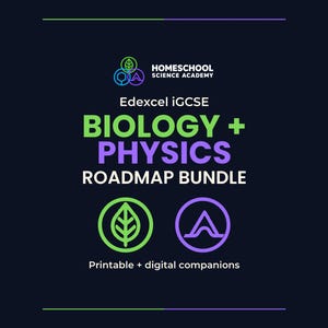 Könnte beinhalten: Ein dunkelblaues Lern-Roadmap-Paket für Edexcel iGCSE Biologie und Physik von der Homeschool Science Academy. Die Grafik enthält grüne und violette Symbole, fetten weißen und farbigen Text sowie die Aufschrift Printable + digital companions.