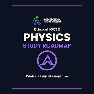 Könnte beinhalten: Ein dunkelblaues Bildungsdokument mit dem Titel Edexcel iGCSE PHYSICS STUDY ROADMAP der Homeschool Science Academy. Es enthält ein farbenfrohes kreisförmiges Logo mit einem Blatt, einem Sechseck und einem Dreieck sowie ein violettes Kreissymbol mit einem stilisierten A.