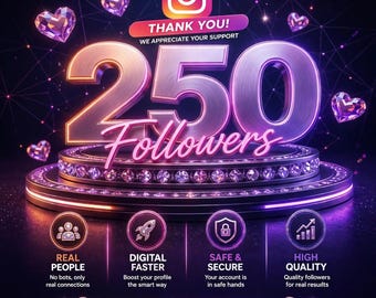 Può includere: Una grafica digitale che mostra il testo 250 FOLLOWERS in grandi lettere metalliche su una piattaforma circolare. Il design include un logo Instagram, cuori viola fluttuanti e quattro icone etichettate REAL PEOPLE, DIGITAL FASTER, SAFE & SECURE e HIGH QUALITY. Il testo in basso riporta DIGITALHOLA.