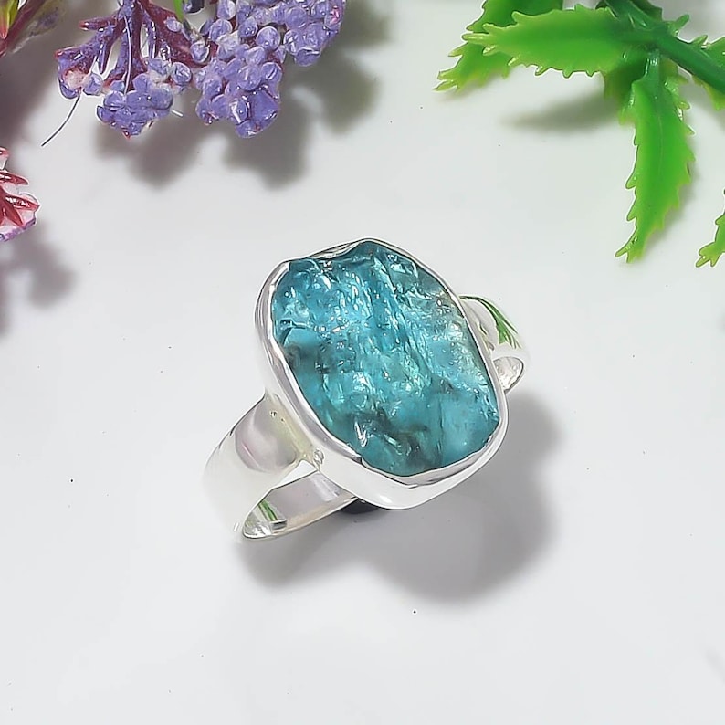 Blue Apatite Ring, Raw Stone Jewelry, Handmade Silver Band Design ...