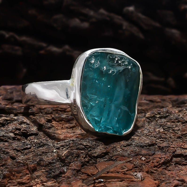Blue Apatite Ring, Raw Stone Jewelry, Handmade Silver Band Design ...