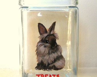 Lionhead Rabbit, Bunny Treat Jar, Painted Glass Canister, Pet Snack Container, Handpainted Glassware, Kitchen Decor