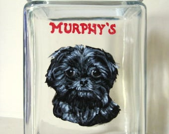Black Shihtzu Dog, Pet Dog Biscuit Jar, Treat Jar, Dog Food, Hand Painted Glass Canister, Personalized Container, Pet Snack Holder