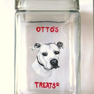 White Pitbull, Dog Biscuit Treat Jar, Custom Pet Portrait Painting, Custom Canister, Pet Food Container, Dog Decor, Custom Decorative Jar