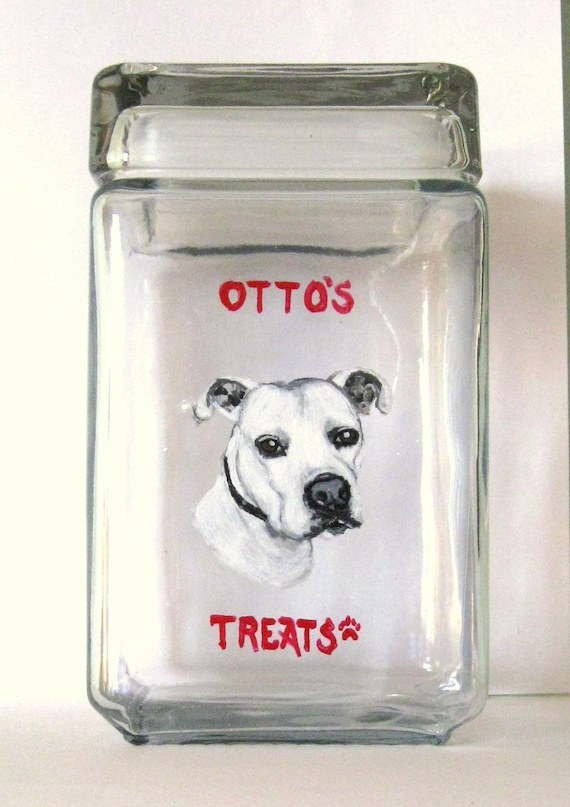 White Pitbull, Dog Biscuit Treat Jar, Custom Pet Portrait Painting