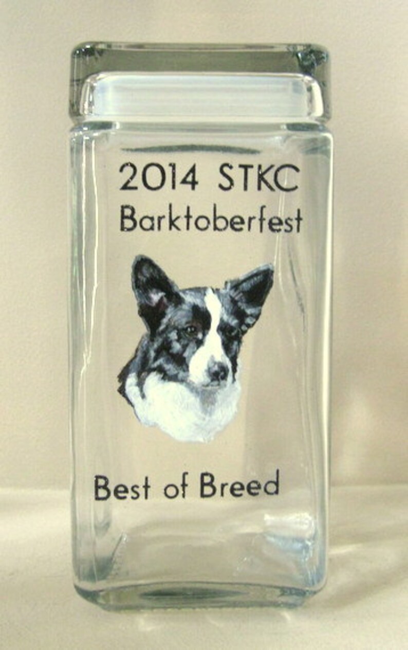 Pembroke Corgi, Dog Show Award, Pet Trophy, Dog Treat Jar, Pet Portrait, Biscuit Canister, Dog Art. Glass Jar, Handpainted Glass image 1