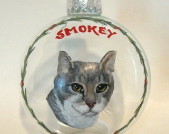Custom Pet Memorial Ornament, Personalized Cat Christmas Ornament, Pet Loss Memorial, Handpainted Glass, Custom Ornament, Gray Cat