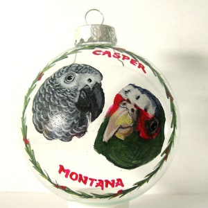 Perroquet gris africain, Art des oiseaux, Cockatiel, Ornement de Noël personnalisé, Peinture de portrait d’animal de compagnie, Oiseaux tropicaux, Art de la volière, Peinture d’oiseau personnalisée