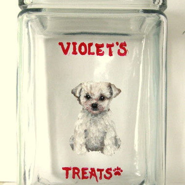 Maltese Dog Treat Jar, Painted Glass, Dog Biscuit Holder, Custom Kitchen Canister, Pet Portrait Painting, Pet Storage, Painted Dog Decor