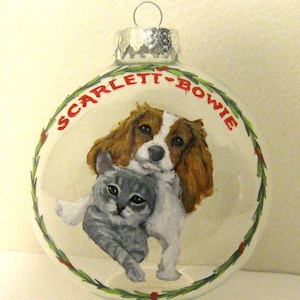Cavalier King Charles Spaniel, Gray Cat, Custom Ornament, Christmas Ball, Pet Portrait, Dog Painting, Cat Painting, Personalized Pet, Animal