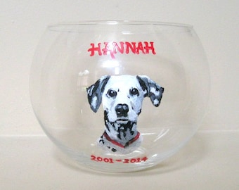 Dalmatian, Pet Memorial Jar, Dog Loss, Dog Bowl, Custom Pet Portrait, Candle Holder, Hand Painted Glass, Dog Art, Pet Painting, Dog Decor