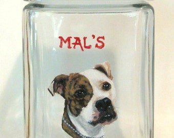 Pitbull, Custom Dog Treat Jar, Hand Painted Dog, Custom Pet Portrait, Dog Biscuit Canister, Dog Food, Glass Jar, Snack Jar