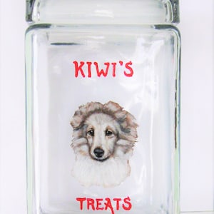 Op de afbeelding: Een glazen pot met een rood geschilderd hondenportret en de woorden "KIWI'S TREATS" aan de voorkant.