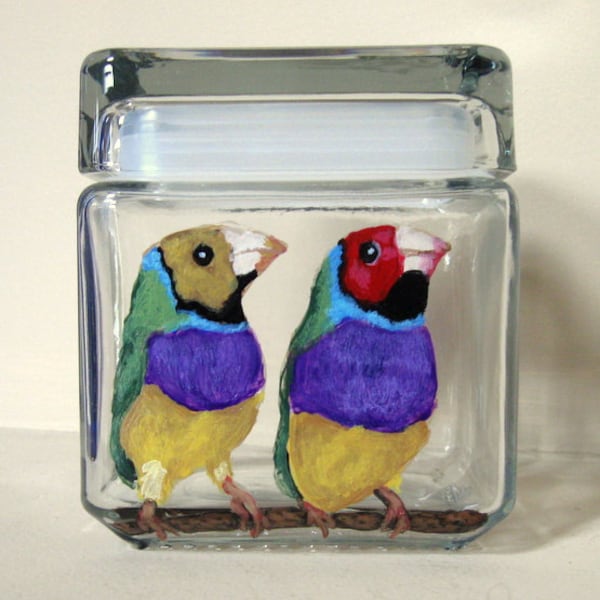 Gouldian Finches, Bird Seed Jar, Tropical Birds, Colorful Feathers, Aviary, Storage Jar, Handpainted Glass, Seed Container, Bird Decor