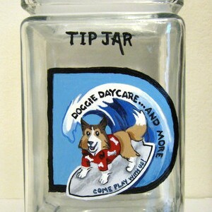 Tip Jar, Dog Bank, Pet Daycare Container, Dog Painting, Pet Office Decor, Dogwalker Gift, Custom Logo Jar, Dog on a Surfboard