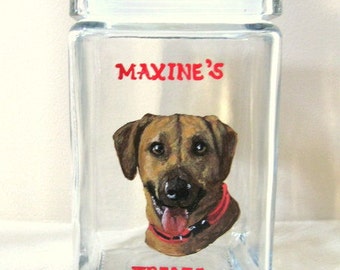 Dog Treat Jar, Personalized Art, Custom Canister, Biscuit Holder, Hand Painted Glass Container, Dog Décor, Pet Portrait, Kitchen Décor