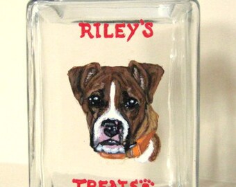 Boxer, Custom Canister, Hand Painted Dog Treat Jar, Pet Painting, Personalized Glassware, Kitchen Decor, Dog Biscuit Jar, Snack Jar