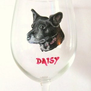 Personalized Pet Portrait on a Wine Glass, Handpainted Dog From a Pet Photo, Custom Bar Decor, Rememberance Gift for Him or Her image 1