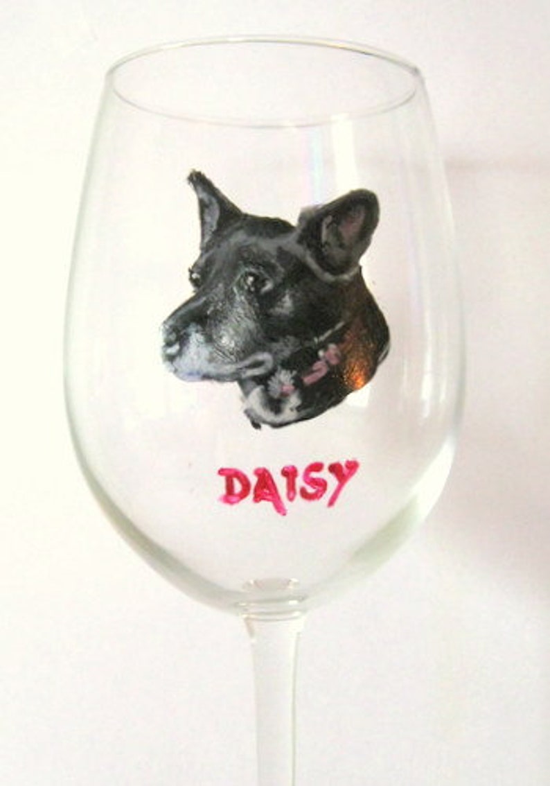 Personalized Pet Portrait on a Wine Glass, Handpainted Dog From a Pet Photo, Custom Bar Decor, Rememberance Gift for Him or Her image 1