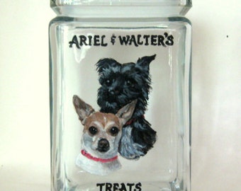 Pet Treat Jar, Chihuahua, Terrier, Hand Painted, Dog Biscuit Canister, Pet Portrait, Dog Painting, Pet Snack Container, Glass Jar, Dog Art