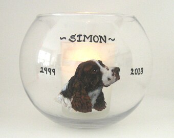 Pet Loss Memorial, Springer Spaniel, Custom Pet Portrait, Candle Holder, Dog Painting, Portrait Jar, Dog Art, Pet Rememberance, Glass Bowl