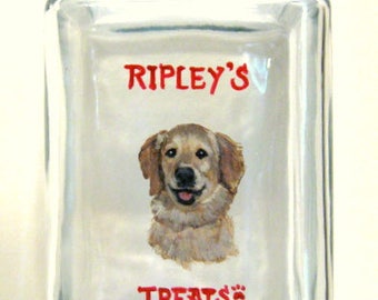 Golden Retriever Puppy Treat Jar, Painted Dog, Pet Portrait, Dog Treat Container, Biscuit Holder, Custom Canister, Puppy Art, Painted Glass