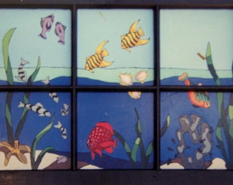 Tropical Fish Tank Art, Painted Fish, Recycled Window, Aquarium Fish Art, Coastal Painting, Home Decor, Undersea Painting, Ocean Fish