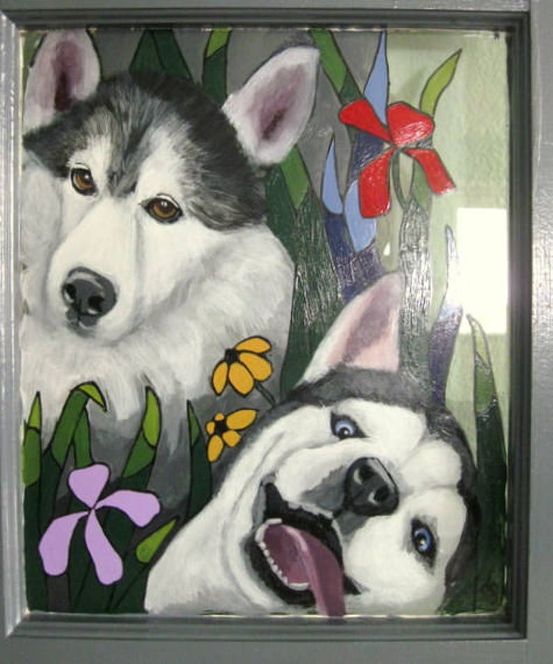 May include: A painting of two dogs, one with black and white fur and the other with gray and white fur. The dogs are painted in a cartoon style with large eyes and expressive faces. The background is a green and blue landscape with flowers.