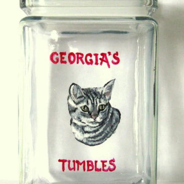 Cat Treat Jar, Custom Canister, Tabby Cat, Pet Portrait Painting, Pet Food Storage, Catnip Holder, Painted Glass Jar, Cat Snacks Container