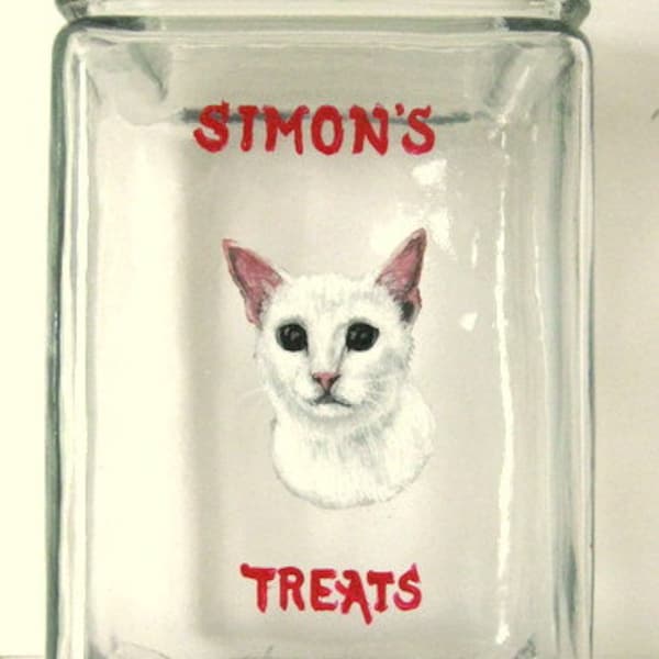 White Cat, Pet Treat Jar, Custom Pet Portrait Painting, Pet Storage Jar, Custom Canister, Hand Painted Cat, Feline Art, Pet Treat Container