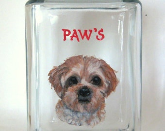 Dog Treat Jar, Dog Food Container, Dog Biscuit Glass Jar, Hand Painted Canister, Pet Painting, Kitchen Decor