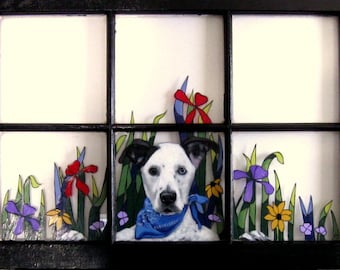 Mothers Day and Fathers Day Gift, Custom Dog Portrait Painting on a Vintage Window, Recycled Glass Art, Wall Hanging, Pet Loss Memorial