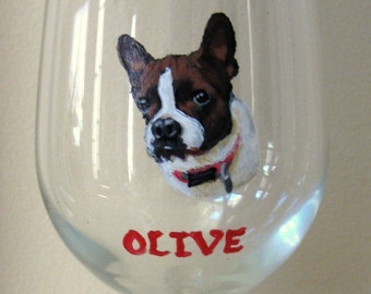 Boston Terrier Art, Pet Portrait Wine Glass, Handpainted Glassware, Bar Décor, Dog Painting, Pet Loss Memorial, Cocktail Glass