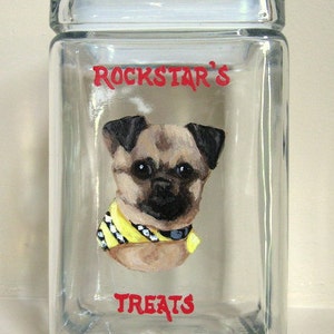 Pug, Cachorro, Frasco de galletas para perros, Contenedor de golosinas para mascotas, Bote personalizado, Vidrio pintado a mano, Mascota personalizada, Almacenamiento de mascotas, Comida para perros, Arte canino