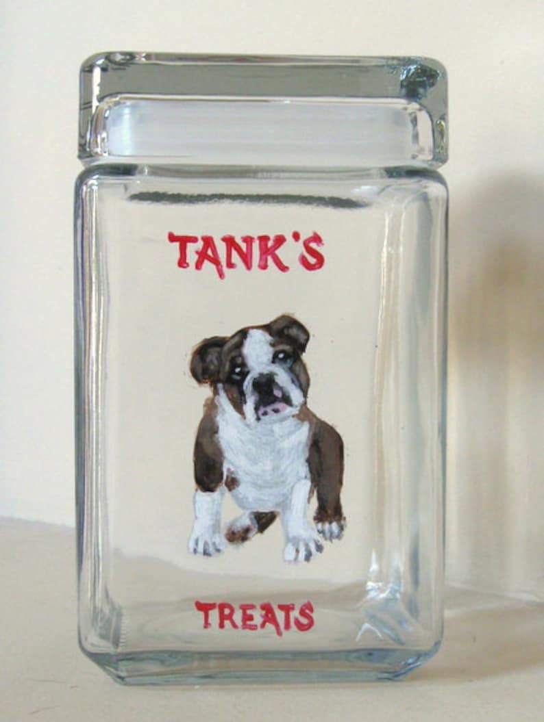Dog Treat Jar Biscuit Holder Handpainted Glassware Glass Container Dog Decor Custom Canister Pet Storage Bulldog