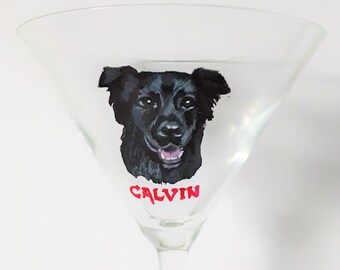 Custom Martini Glass with Pet Portrait, Black Lab Art, Custom Bar Decor, Personalized Cocktail Glass, Pet Decor