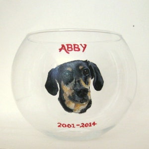 Loss of Dog, Dachshund, Pet Memorial, Hand Painted Glass, Custom Portrait, Personalized Art, Dog Art, Candle Holder, Glass Jar, Painted Pet