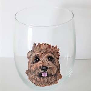Goldendoodle Stemless Wine Glass Hand Painted from a Photo of Your Pet, Custom Portrait, Dog Painting, Custom Cocktail Glass, Barware