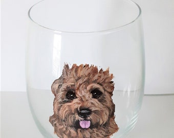 Goldendoodle Stemless Wine Glass Hand Painted from a Photo of Your Pet, Custom Portrait, Dog Painting, Custom Cocktail Glass, Barware