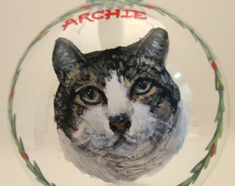 Cat Ornament, Custom Pet Portrait, Christmas Painting, Cat Art, Pet Memorial, Cat Loss, Glass Ornament, Holiday Decor