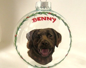 Chocolate Labrador Retriever, Christmas Dog Ornament, Custom Pet Portrait, Loss of Dog Rememberance, Pet Memorial, Painted Glass Ball, Art