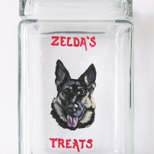 German Shepherd Pet Treat Jar, Dog Food Holder, Custom Kitchen Canister, Dog Painting, Glass Art, Dog Decor, Biscuit Container, Petzoup