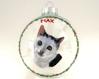 Cat Ornament, Custom Pet Portrait, Personalized Pet, Cat Memorial, Painted Glassware, Loss of Pet, Holiday Decor