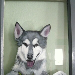 May include: A painting of a gray and white husky dog with blue eyes, looking directly at the viewer. The dog is painted in a realistic style and is set against a light green background.