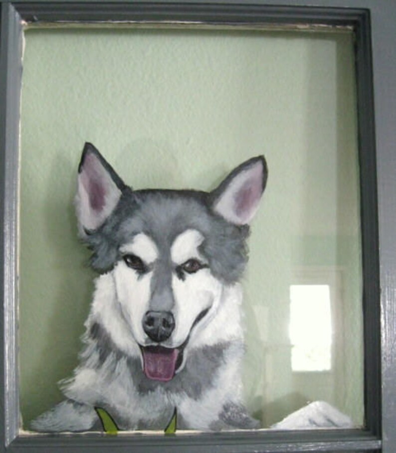 May include: A painting of a gray and white husky dog with blue eyes, looking directly at the viewer. The dog is painted in a realistic style and is set against a light green background.