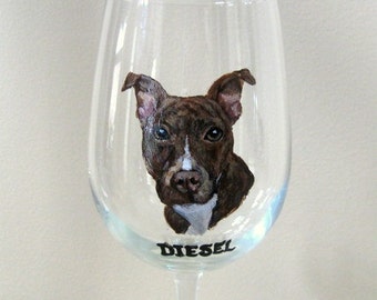 Pitbull, Painted Dog Wine Glass, Custom Pet Portrait, Pet Loss Memorial, Rescue Dog, Painted Glassware, Dog Art